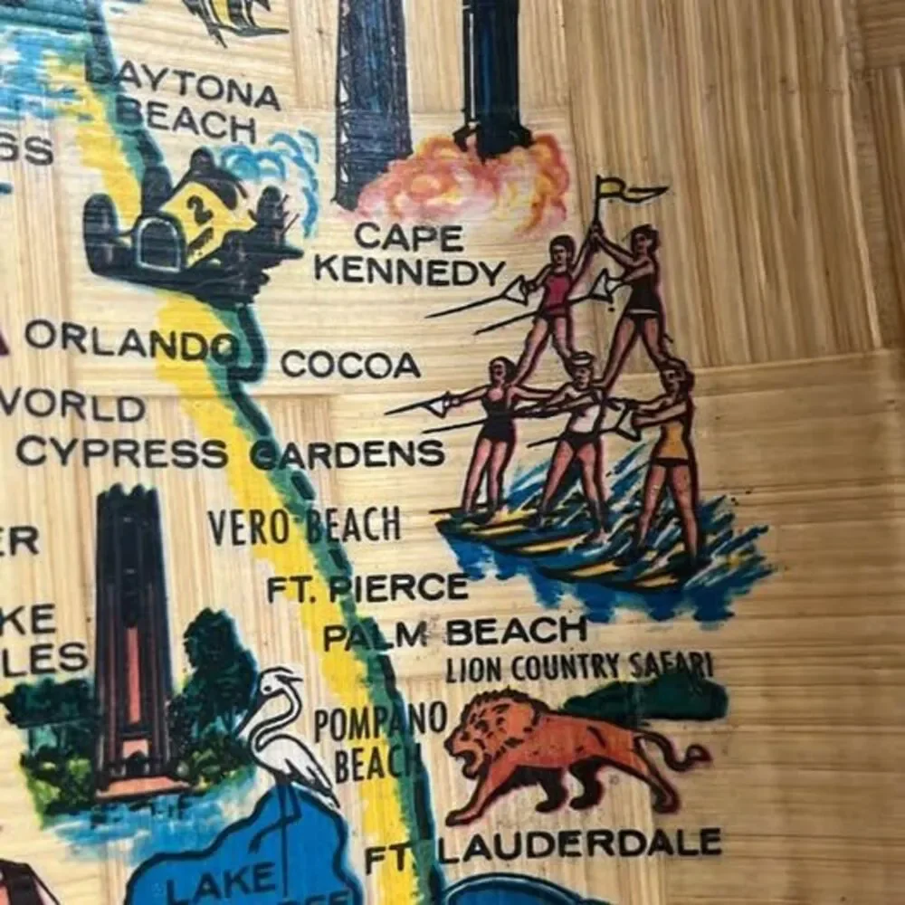 Vintage 1970s Kitsch Florida Souvenir Woven Bamboo Map Bowl - MINT with Labels